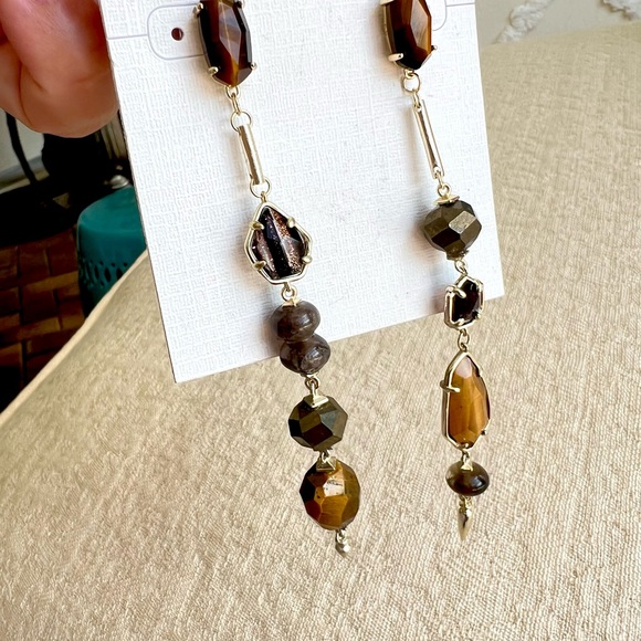 KENDRA SCOTT NWT Cosette Tiger Eye Pyrite Asymmetrical Mismatch Dangle Earrings - Picture 13 of 17